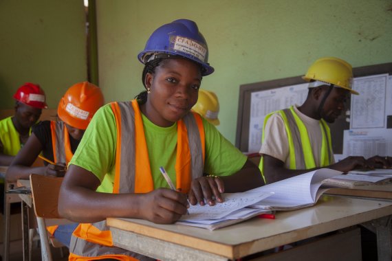 construction worker woman in classroom