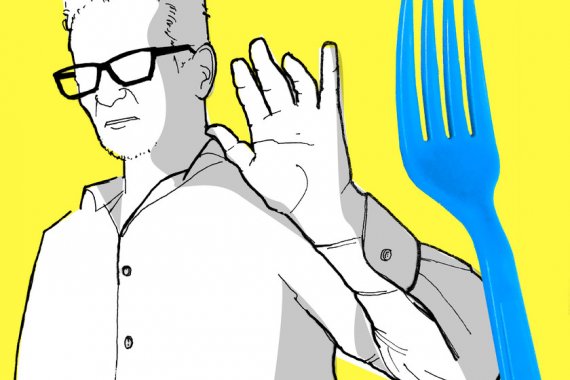 Drawing of a man with a blue fork