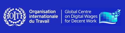 Bannière logo présentant l'emblème de l'Organisation internationale du Travail (OIT) et le texte du Centre mondial sur les salaires numériques pour le travail décent, sur fond bleu.