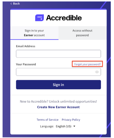 Screenshot of the Accredible sign-in page with fields for email and password.
