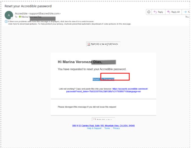 Screenshot of an email from Accredible with a password-reset message and a “Reset My Password” button.