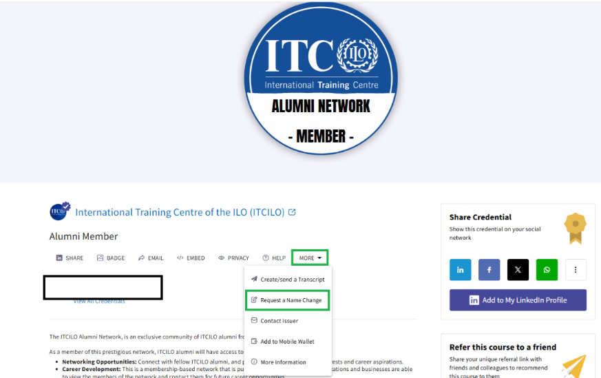 Screenshot of an ITCILO Alumni Member credential page showing a dropdown menu with the option “Request a Name Change.”