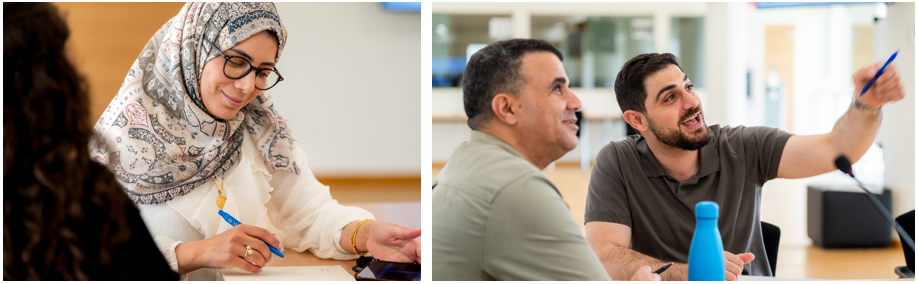 left: female participant smiling. Right: Two male participants interacting happily