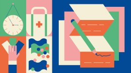 Stylized illustration featuring a clock, healthcare symbol, documents, currency, and a pencil, representing work, services, and productivity