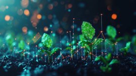 Digital illustration of green seedlings with interconnected data visualisations