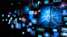 Digital illustration featuring a glowing blue AI brain surrounded by floating screens, data visualizations, and technology icons on a black background.