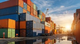 Shipping container terminal at sunset, with tall stacks of colourful cargo containers in blue, orange, red and green. A crane lifts a container in the background, while trucks are parked along the wide loading area. The golden sunlight illuminates the scene, and puddles on the ground reflect the containers and cranes, highlighting international trade, logistics and global transportation.