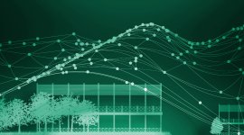 Green abstract graphic showing interconnected data points and curves.