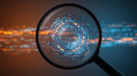 Magnifying glass focuses on a complex network against a blurred background.