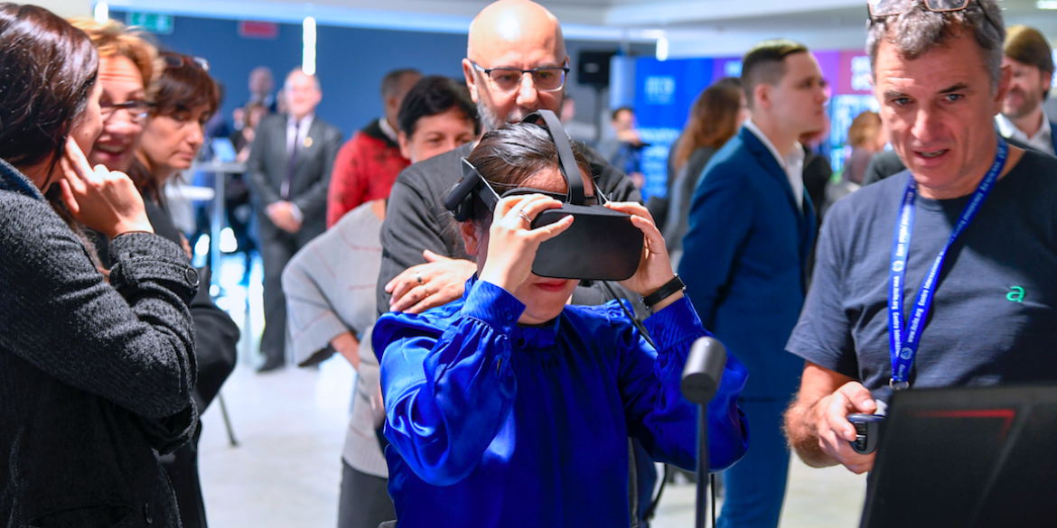 Woman looking through VR glasses