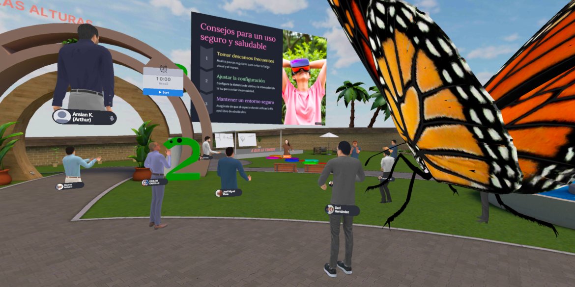 A virtual learning environment featuring avatars, presentation screens and a large butterfly, designed for an immersive online learning experience.