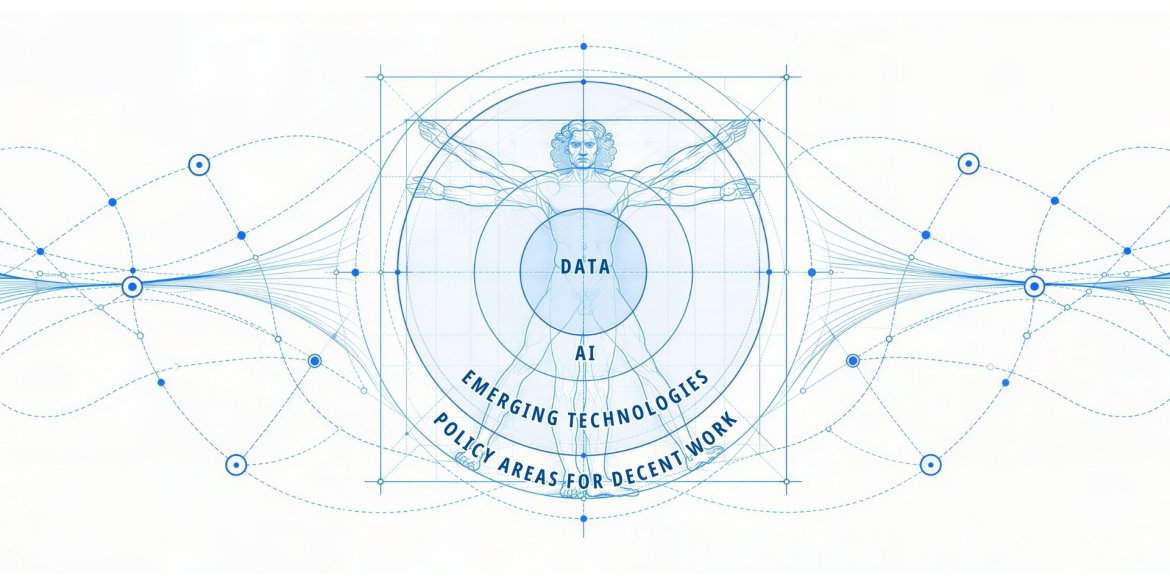 A modern, blue-toned reinterpretation of Leonardo da Vinci’s Vitruvian Man, surrounded by interconnected geometric patterns and data networks, illustrating the relationship between artificial intelligence, emerging technologies, data and policy areas for decent work.