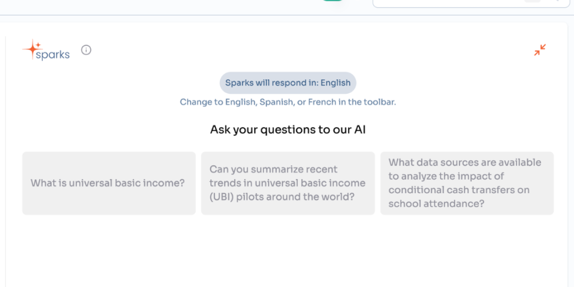 Screenshot of the Sparks AI assistant interface, displaying suggested questions on universal basic income and conditional cash transfers.