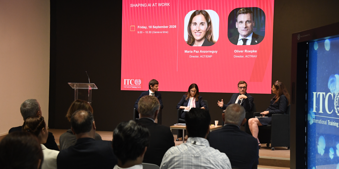 Panel discussion on shaping AI at work during the ITCILO Global Social Partners’ Academy, with four speakers on stage and an audience in attendance