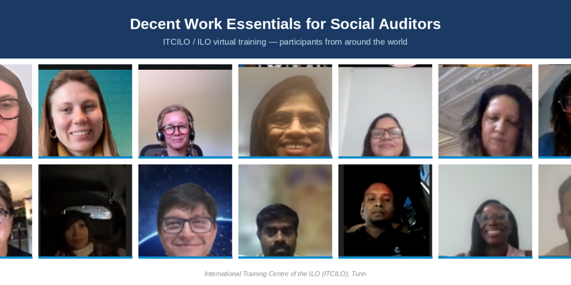 Participants from around the world join an ITCILO/ILO/APSCA virtual training session on Decent Work Essentials for Social Auditors.