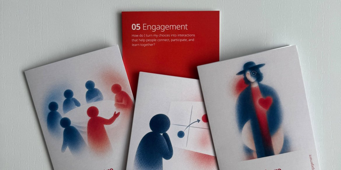 Three illustrated SENSIT activity cards—Forum Theatre, Emotional Matrix Check-Out and Ubuntu Kokoro—arranged in front of a red Engagement competency card.