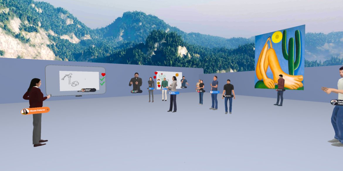 Avatars of participants gathered in a virtual learning space, engaging with presentations and visual displays against a mountainous backdrop.