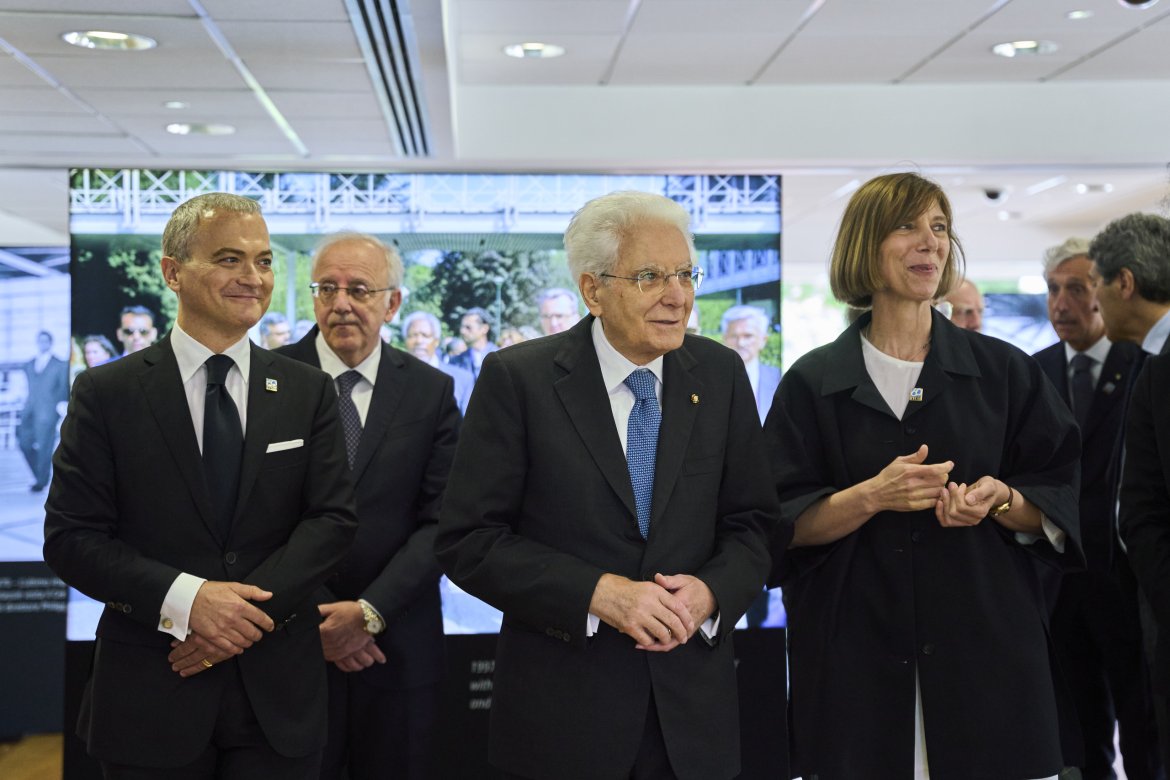President Mattarella visits the photo exhibition "Pioneering Learning for Social Justice" guided by ITCILO Deputy Director Paola Babos