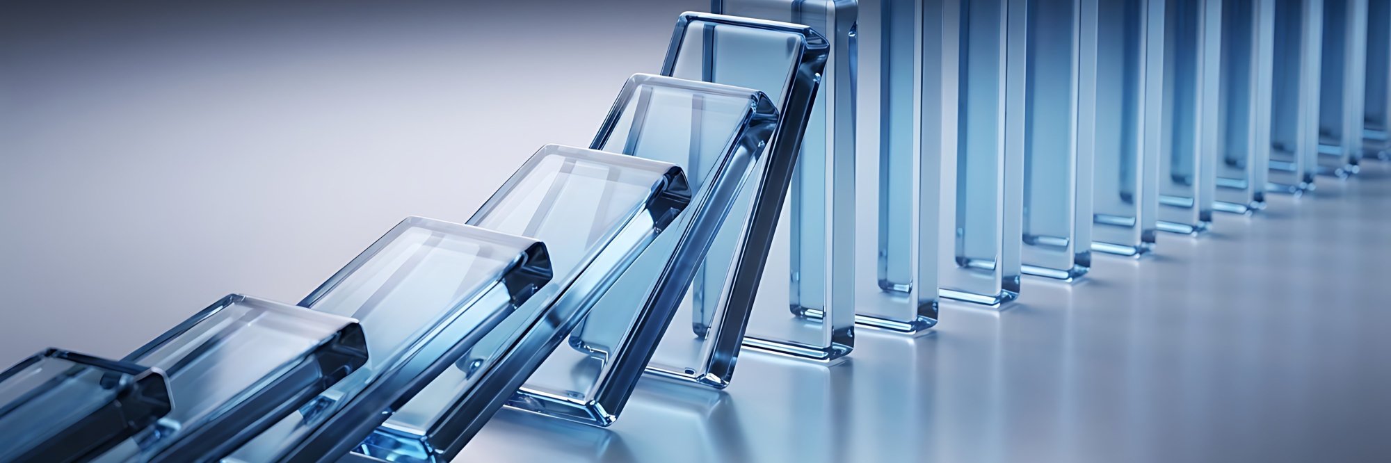 Close-up of transparent blue dominoes falling in sequence, illustrating a chain reaction or cascading effect.
