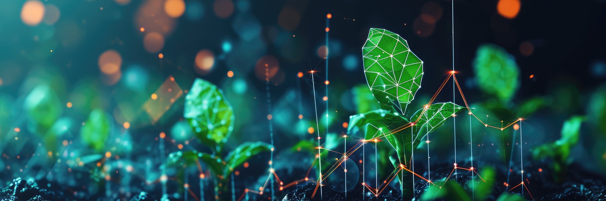 Digital illustration of green seedlings with interconnected data visualisations