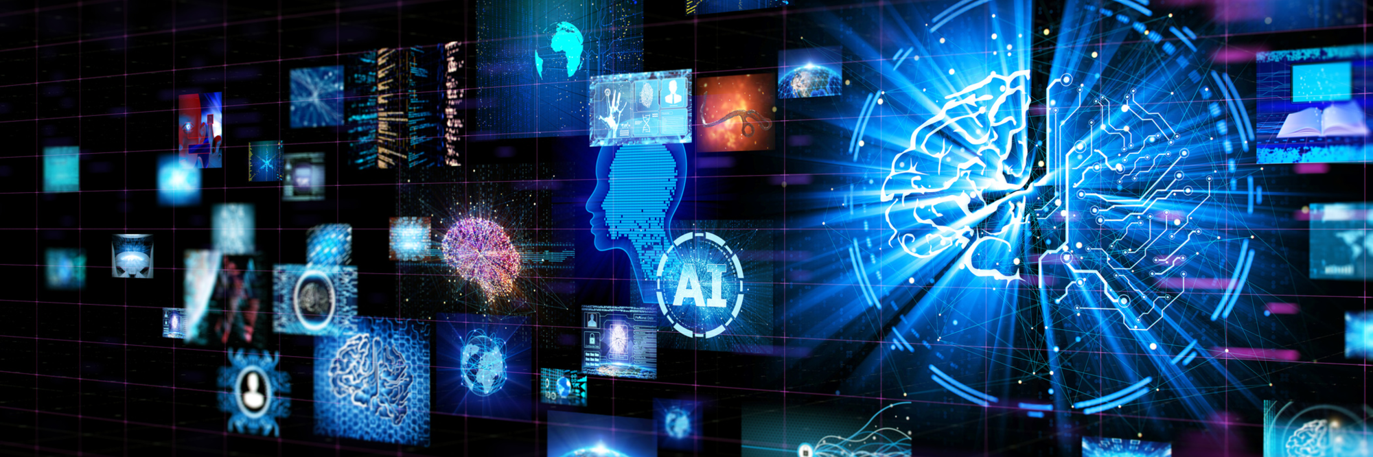 Digital illustration featuring a glowing blue AI brain surrounded by floating screens, data visualizations, and technology icons on a black background.
