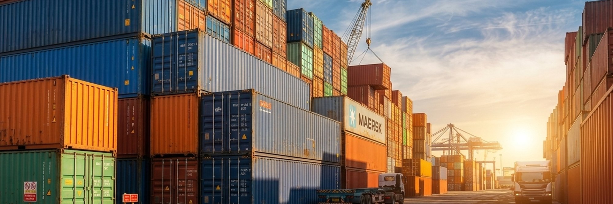 Shipping container terminal at sunset, with tall stacks of colourful cargo containers in blue, orange, red and green. A crane lifts a container in the background, while trucks are parked along the wide loading area. The golden sunlight illuminates the scene, and puddles on the ground reflect the containers and cranes, highlighting international trade, logistics and global transportation.