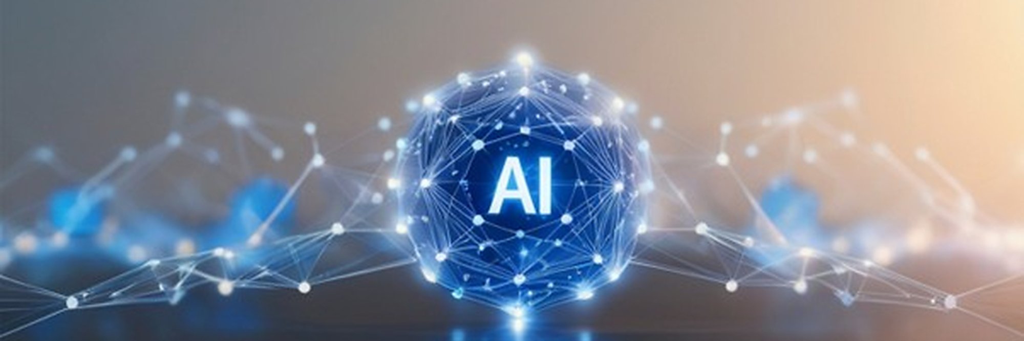Digital illustration where a glowing blue sphere displaying the letters “AI” in the center is surrounded by a network of bright interconnected  lines and dots. The image has reflections beneath the sphere and a softly blurred background that fades from cool blue on the left to a warm golden peach colour on the right.