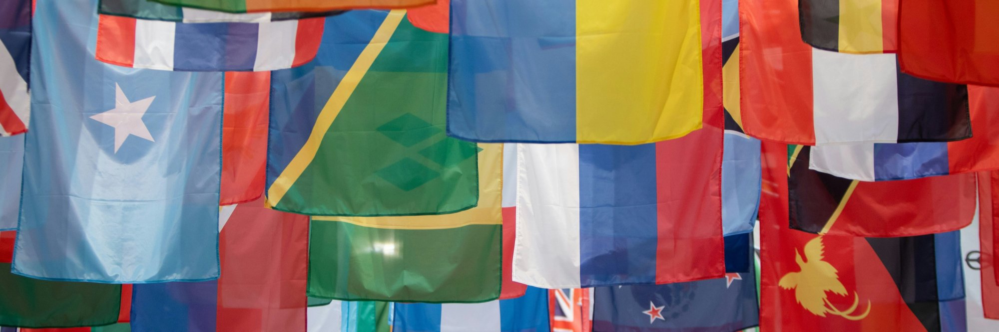 flags of the world hanging from the ceiling