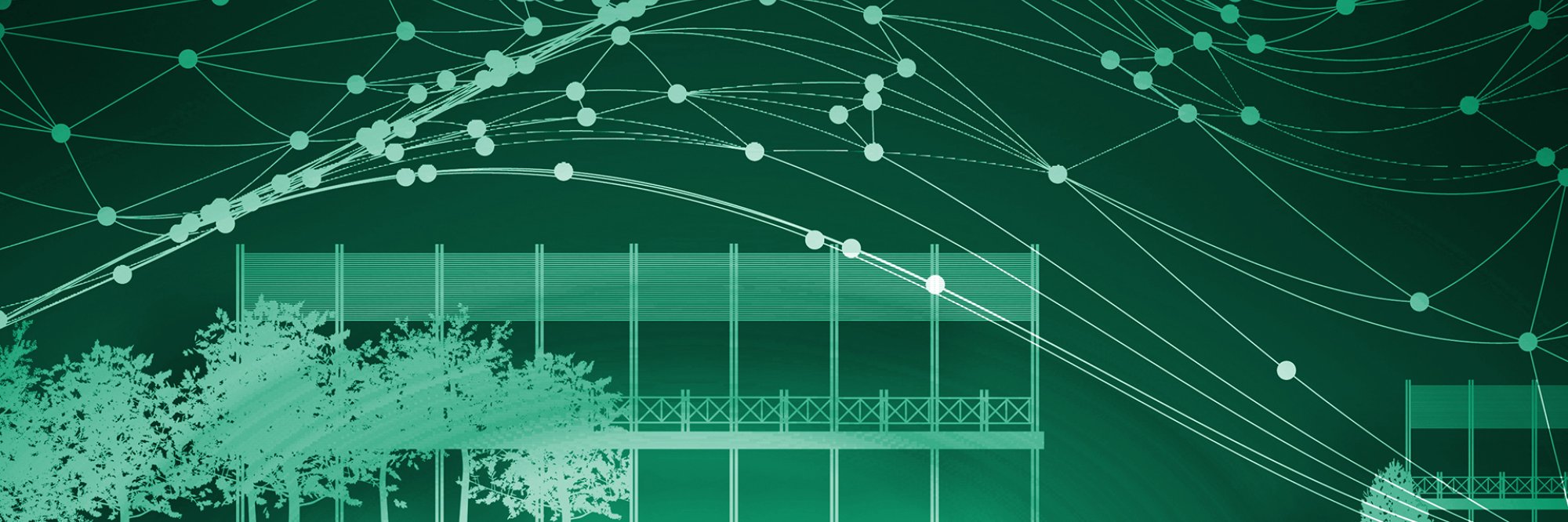 Green abstract graphic showing interconnected data points and curves.