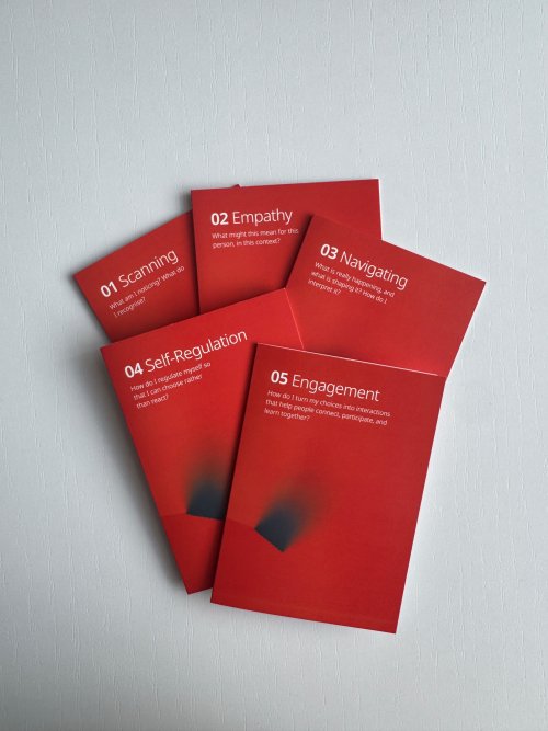 Five overlapping red SENSE toolkit cards labelled Scanning, Empathy, Navigating, Self-Regulation and Engagement, arranged on a light grey surface.