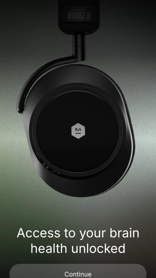 Close-up of black neurotechnology headphones powered by Neurable AI, featuring the message “Access to your brain health unlocked” and a “Continue” button on screen.