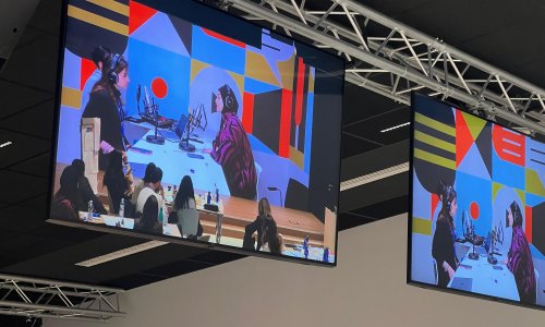 screens showing two women engaging in a podcast recording session