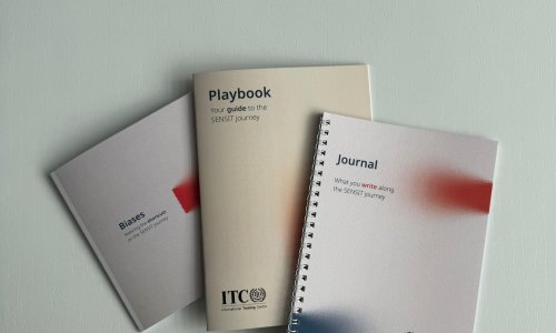 Three overlapping SENSIT toolkit publications—Playbook, Journal and Biases—arranged on a light grey surface.