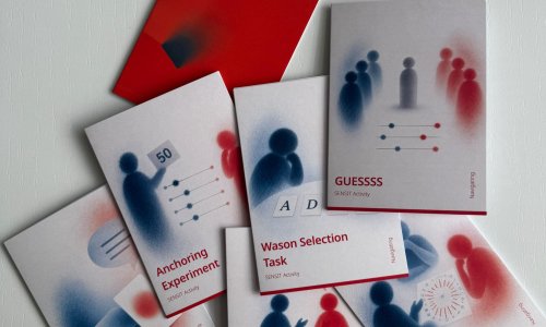 SENSIT toolkit activity cards arranged on a light grey surface, featuring exercises on navigating, perspective-taking and emotions.