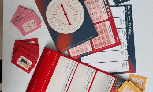 SENSIT toolkit materials arranged on a table, including a toolkit box, activity cards, an Emotional Decoder wheel and an Emotional Matrix chart.