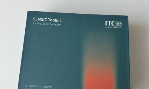 Cover of the SENSIT Toolkit for the Global Facilitator, featuring the ITCILO logo and a teal design with red accents.