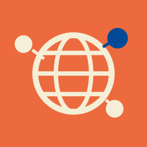 A globe with a few connected dots/nodes around it — signals international network and connection, consistent with the "network"