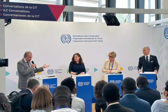 ITCILO anniversary event at the 113th ILC featuring Italian Ambassador Vicnenzo Grassi, ILO Deputy Director-General Celeste Drake, Italian Minister of Labour Marina Calderone and ITCILO Director Christophe Perrin.