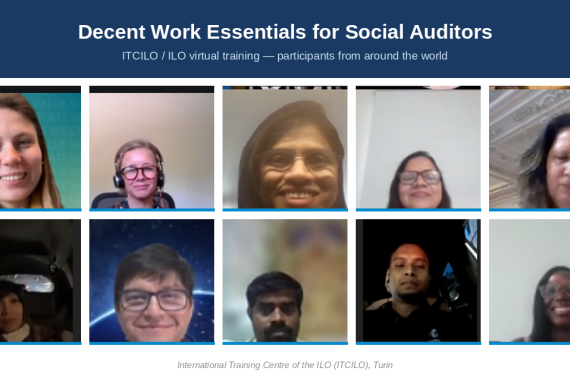 Participants from around the world join an ITCILO/ILO/APSCA virtual training session on Decent Work Essentials for Social Auditors.