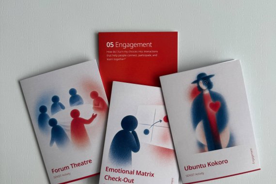 Three illustrated SENSIT activity cards—Forum Theatre, Emotional Matrix Check-Out and Ubuntu Kokoro—arranged in front of a red Engagement competency card.