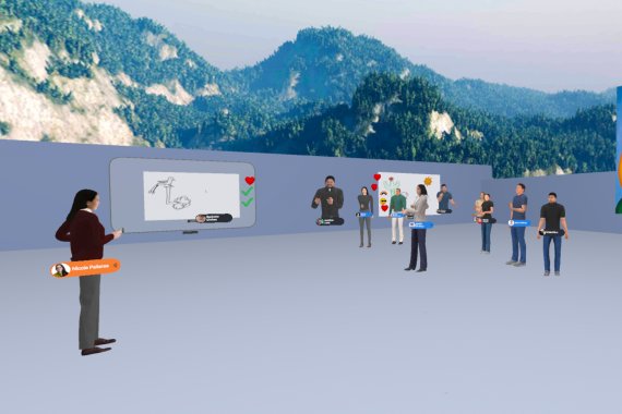 Avatars of participants gathered in a virtual learning space, engaging with presentations and visual displays against a mountainous backdrop.